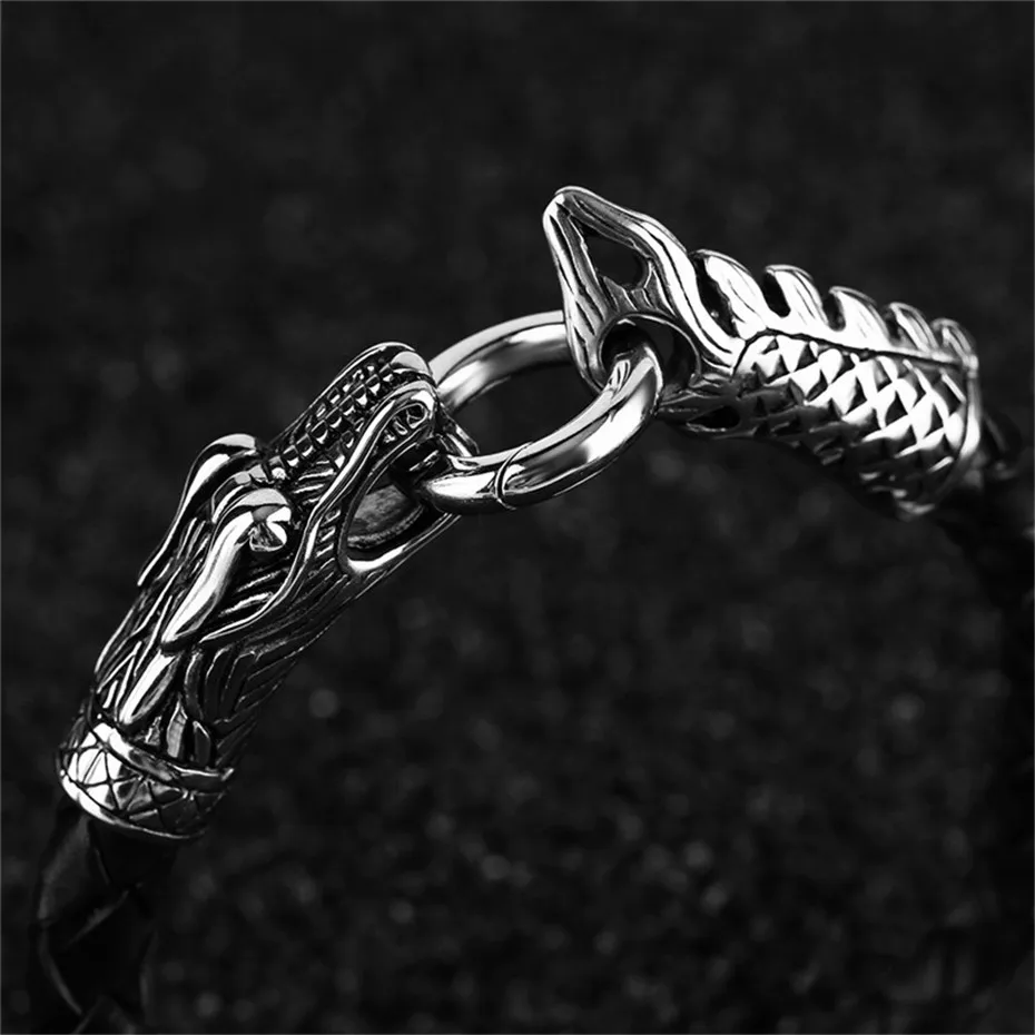 Dragon Theme Chinese Zodiac Signs Charms Men Bracelet Punk Hand-woven Leather Rope Chain Black Creative Jewelry Casual Gift (2)