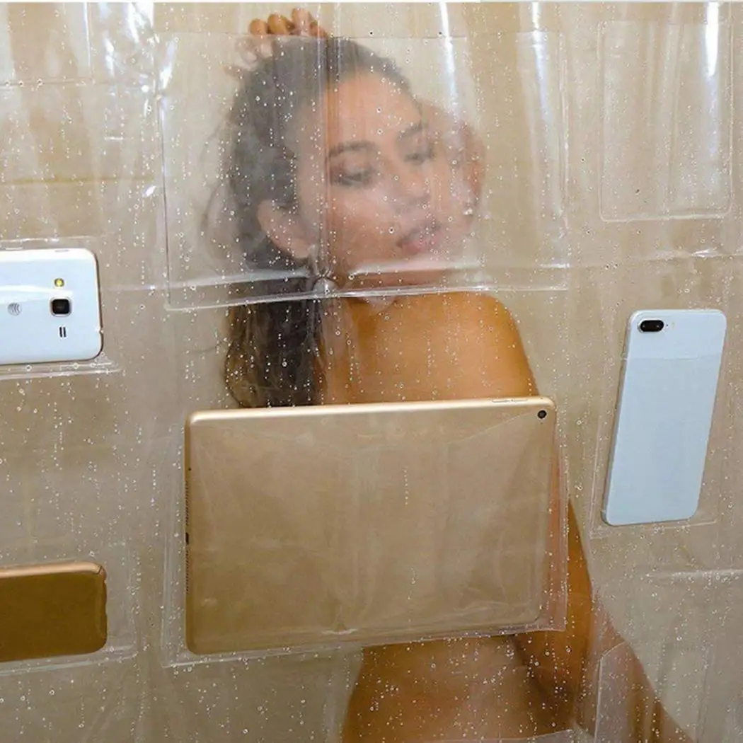 

12 Pockets Shower Curtain Transparent Waterproof Keep Phone or Tablet From Water Safe Bathroom Accessories