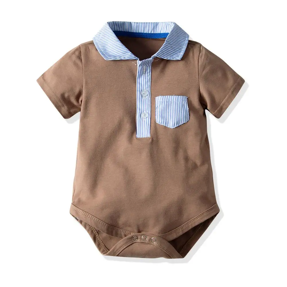  2019 lovely baby brown short-sleeved pocket bodysuit summer newborn climbing clothes infant soft ov