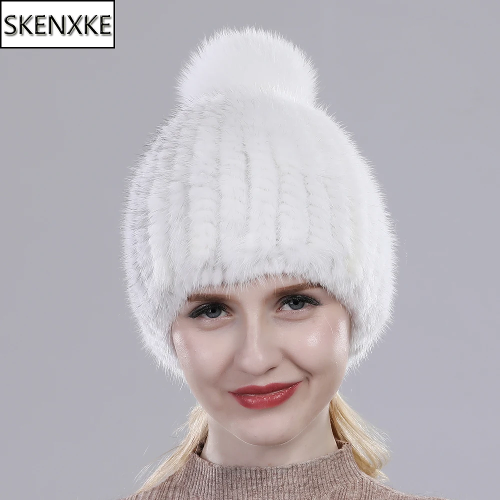 

2019 Hot Sale Real Mink Fur Hat Women Winter Knitted Mink Fur Beanies Cap With Fox Fur Pom Poms Handmade New Thick Female Cap