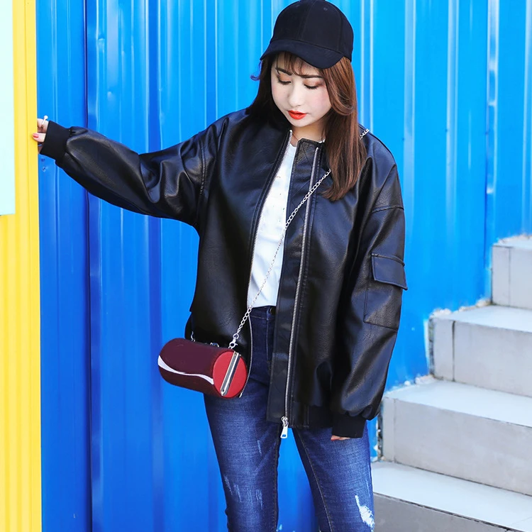 Кожаные пальто женский, черный и розовый 2XL-4XL плюс Размеры Куртки с длинными рукавами 2018 Осень корейский Новый Свободные модные