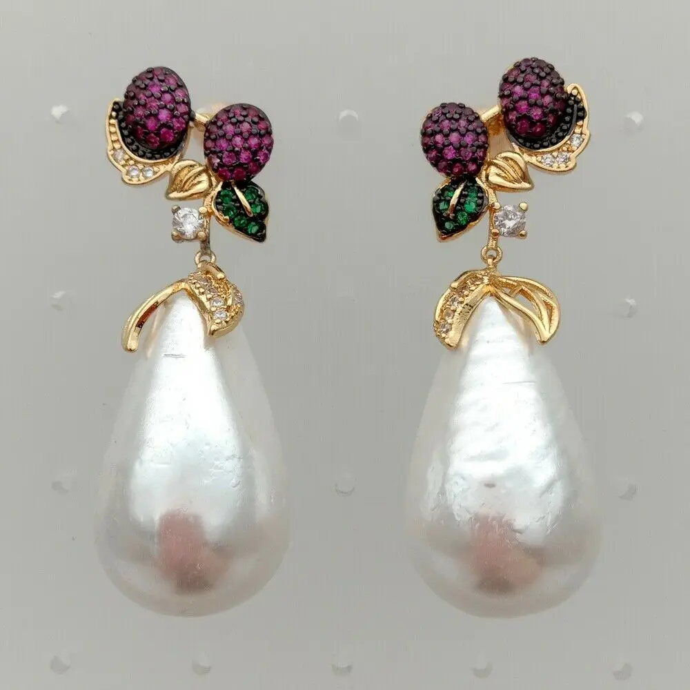 Lágrima branco concha de mar pérola cz pave brincos de cereja