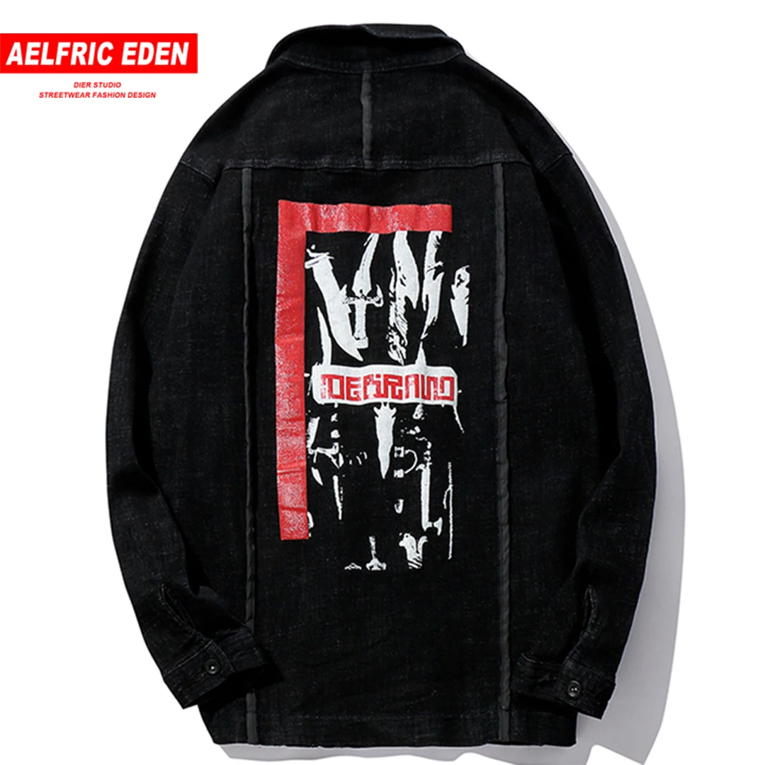 

Aelfric Eden Hip Hop Lapel Short Gothic 2018 Autumn Men's Denim Skateboard Streetwear Jackets Print Pocket Harajuku Coat KJ249