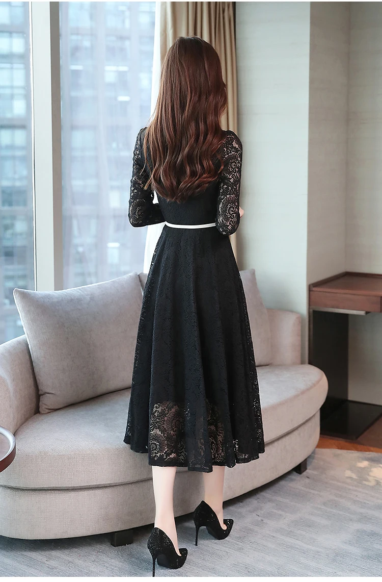 Женщин сплошной цвет осень и зима большого размера ретро синий кружевном платье миди для женщин элегантный Bodycon черное длинное платье вечернее платье с длинным рукавом подиум