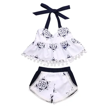

2017 Baby Girl Clothes Summer Belt Tank Top T-shirt Sleeveless Casual Shorts Cute Infant Baby Girl Outfit 2pcs Baby Clothing