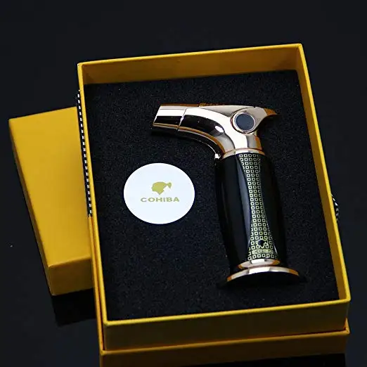 

NEW COHIBA High-end Black and Yellow Finish Windproof 1 Jet Flame Cigar Lighter W/ Gift Box(Choose your favorite color) (Black)