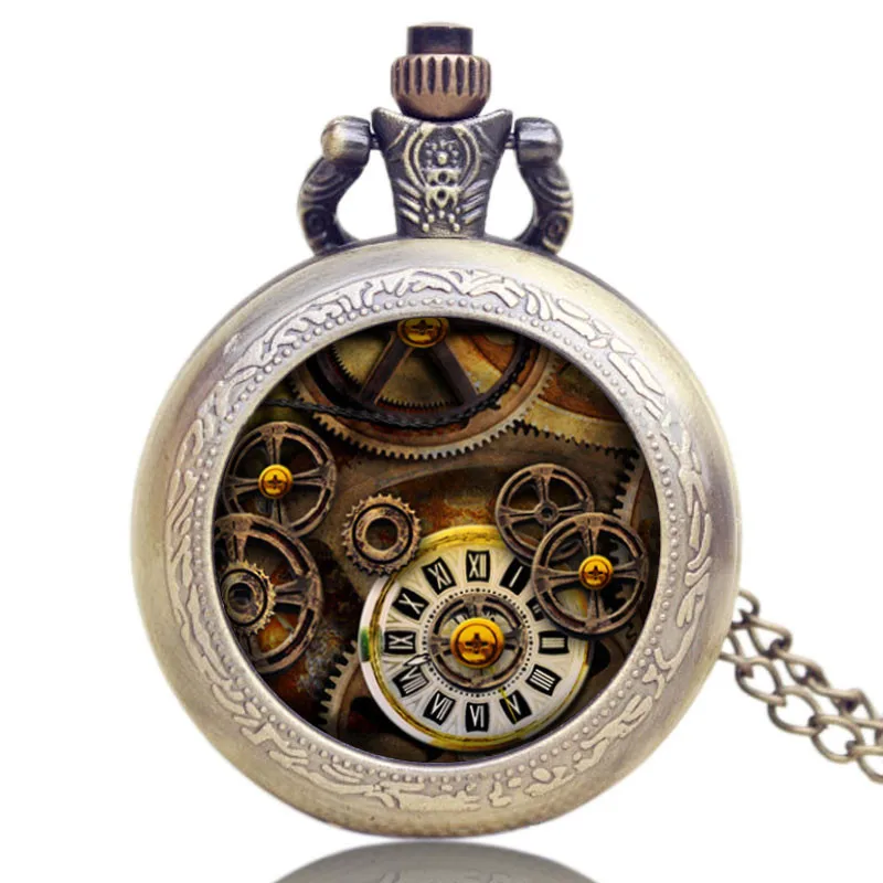 Ancient wheel Gear Dial Chain Necklace Quartz Pocket Watch Cosplay Roman Collect  Men Women Gift (1)