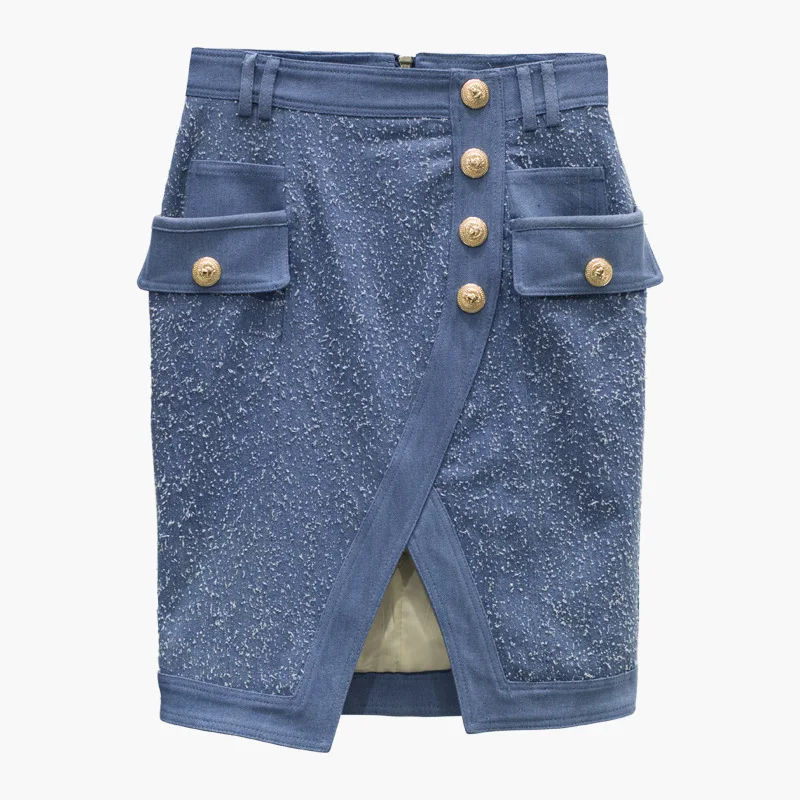 Осень 2018 г. Модные пуговицы юбки для женщин высокое качество синий выше колена мини женский Нерегулярные