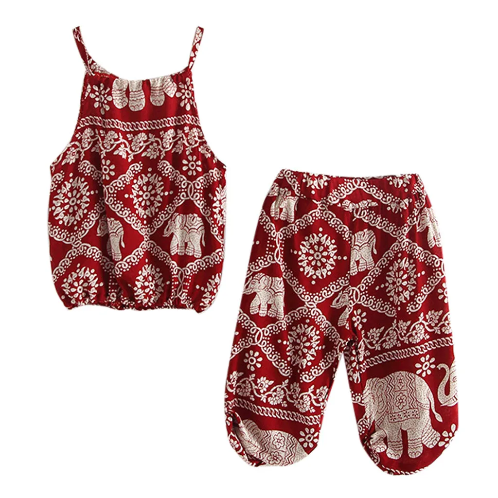 

Toddler Baby Girls Clothes Set Cartoon Elephant Print Strap Tops Pants Infant Outfits Summer Children Clothes Set