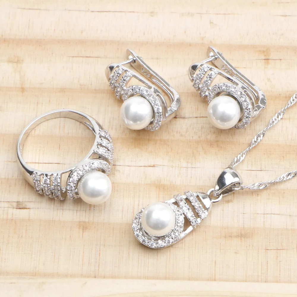 Жемчужные свадебные ювелирные наборы 925 пробы серебряные ювелирные изделия для женщин CZ жемчуг серьги браслеты, подвесные колье кольца набор подарочная коробка