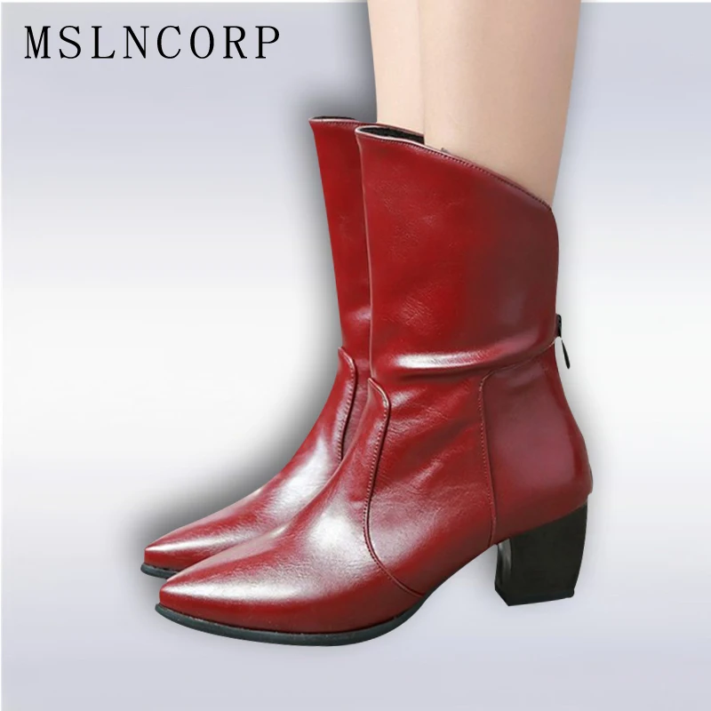 

Size 34-43 Spring Autumn Women Ankle Boots Zip Pointed Toe Leather Boots Square High heeled Fashion Winter Warm Snow Boots Shoes