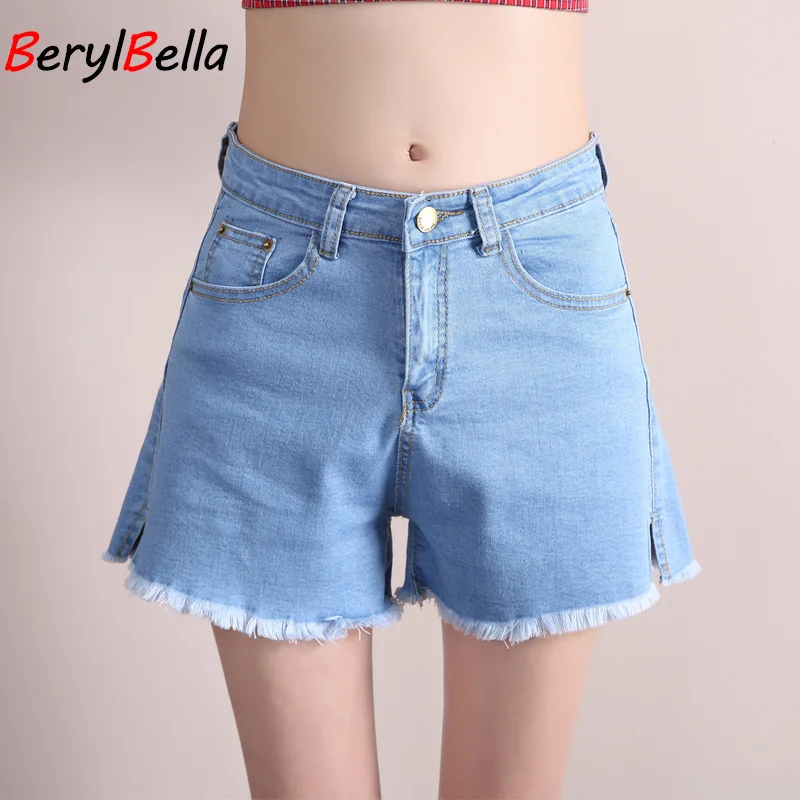 

BerylBella Women's Shorts 2017 Summer High Waist Loose Elastic Feminino Denim Casual Plus Size Pockets Jeans Shorts For Women