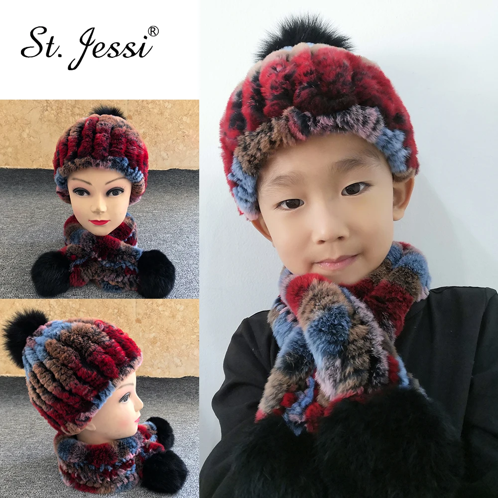 

ST.Jessi Winter Hat for kids Real Rex Rabbit Knitted Fur Cap and Scarf Warm With Big Fox Fur pompom sets