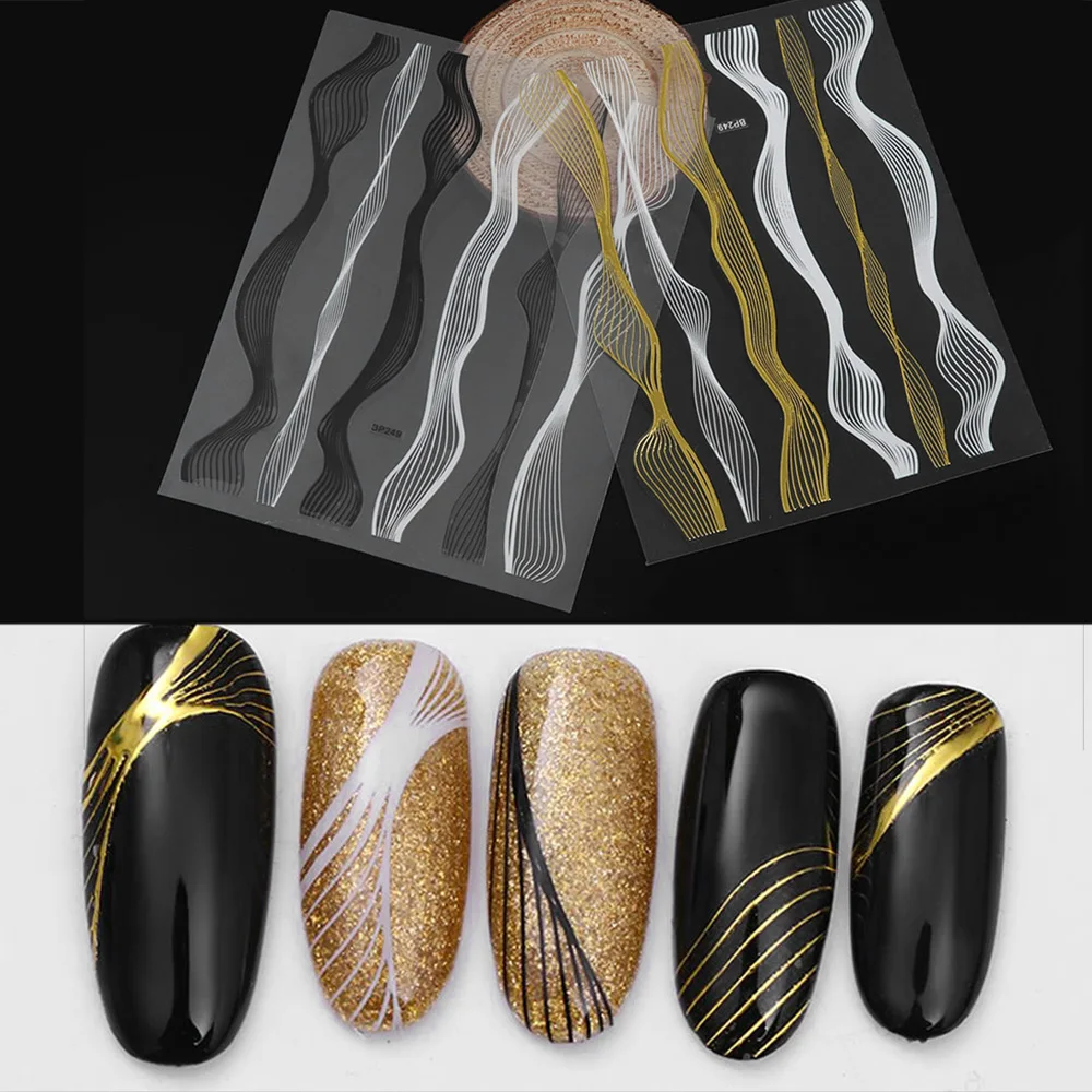 1 Sheet 3D Gold Metal Wave Strip Nail Art Stickers Black Silver Multi