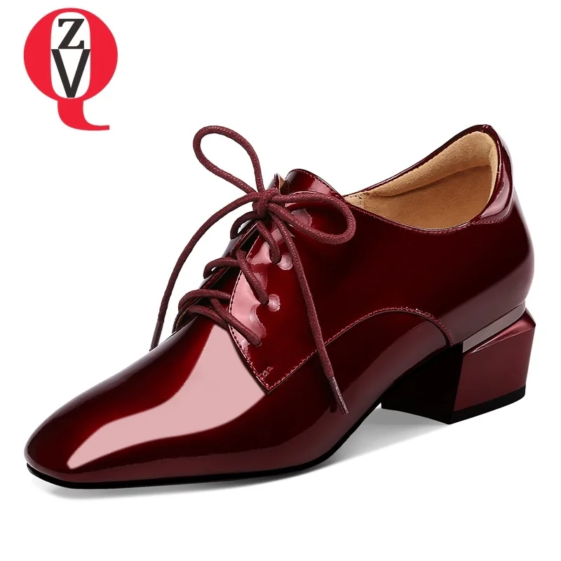 

ZVQ spring new concise square toe high quality patent leather women pumps med square heels cross-tied plus size casual shoes