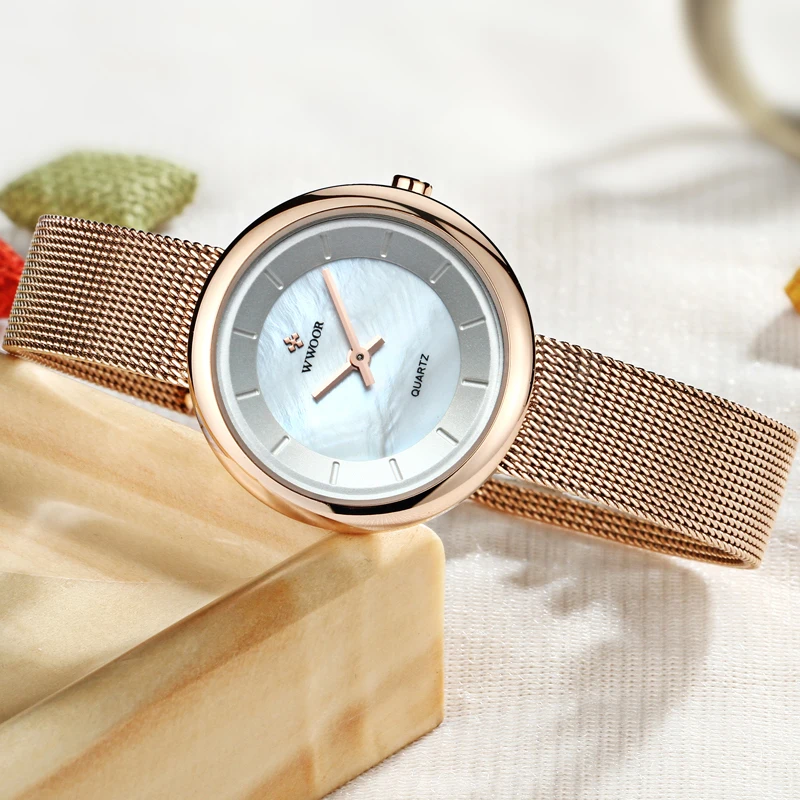 WWOOR, элегантные Брендовые женские часы из розового золота,, Montre Femme, модные женские часы с браслетом, ультратонкие кварцевые наручные часы Relogio
