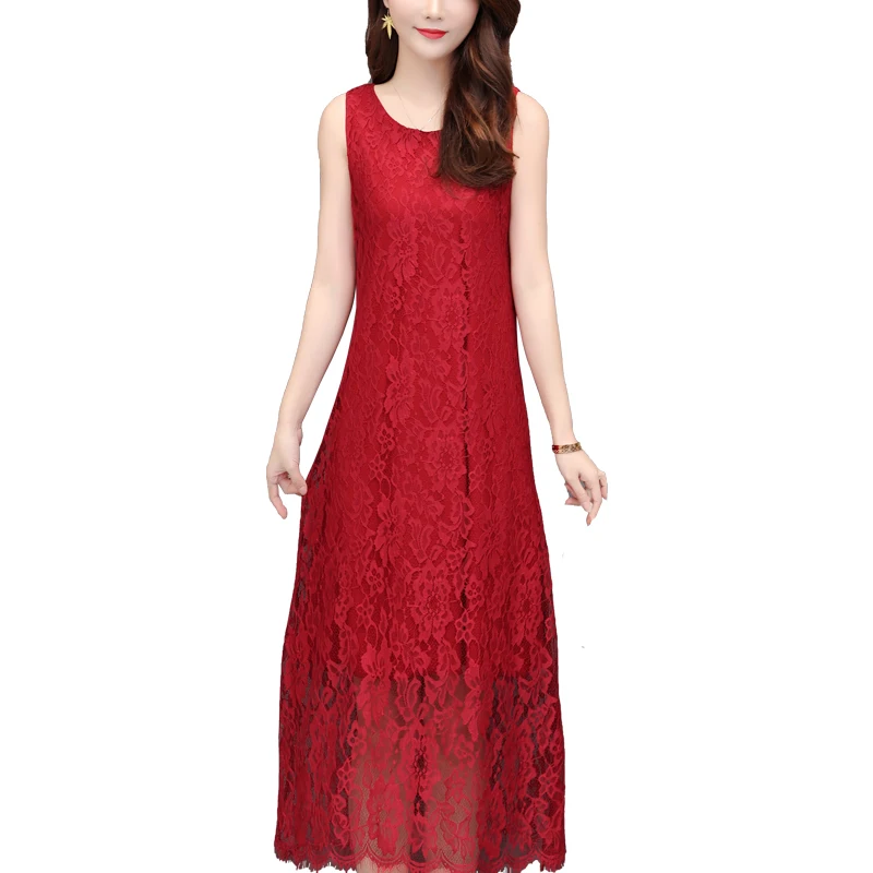 

Women Luxury Elegant Red Lace Long Dress 2019 New Ladies Sleeveless Slim Floral Crochet Hollow Out Party Dress Female Vestidos