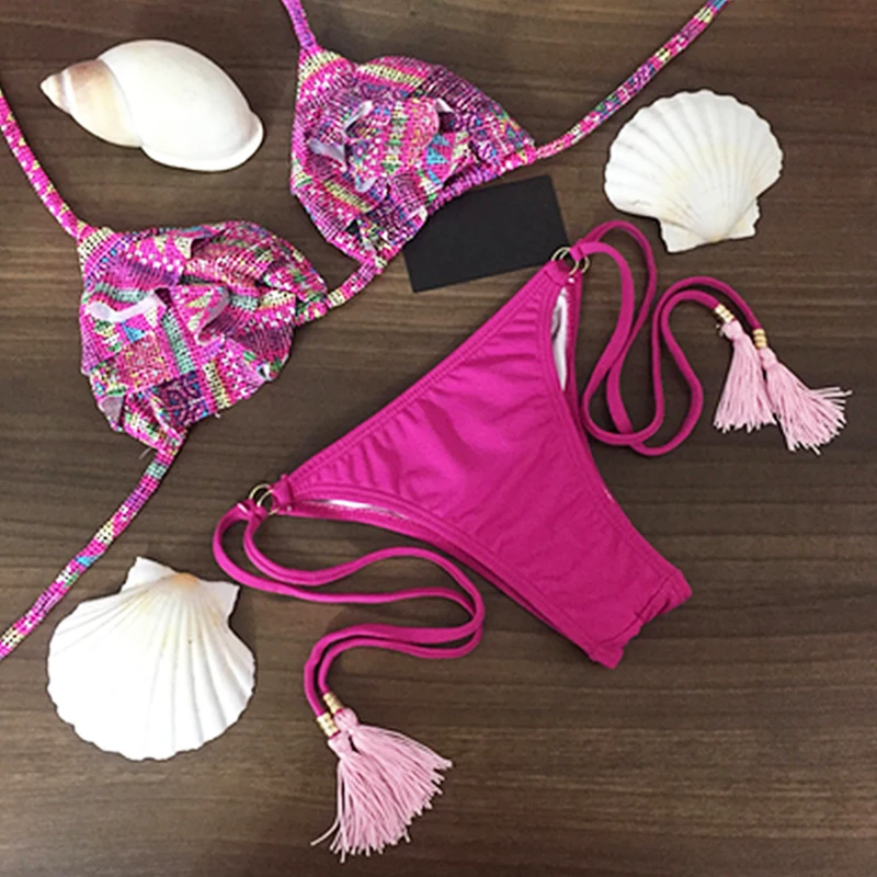 

2019 NEW Women's Bikini Set Colorful Printed Tassel Push-Up Bandage Swimsuit Beachwear Swimwear Bathing Suits Biquinis Feminino