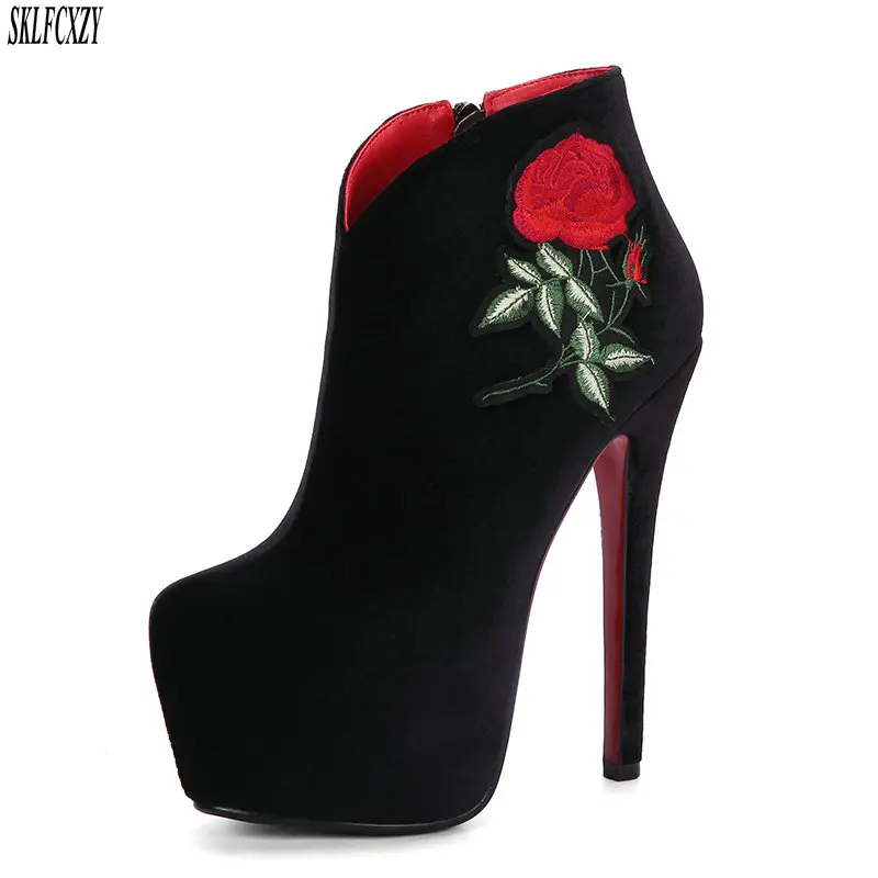 

SKLFCXZY New arrival fall embroidery velvet women boots ultra 15cm high heel women boots zipper women shoes size 34-43