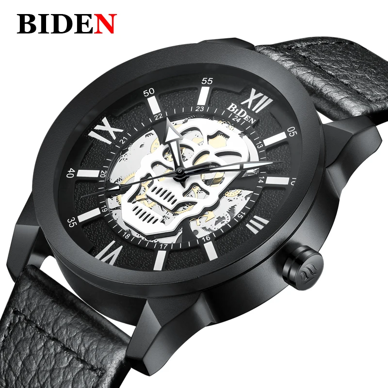 

BIDEN Brand Watches Men Gold Black Skeleton Quartz Watch Pirate Skull Leather Strap Military Sports Clock Relogio Masculino 2018