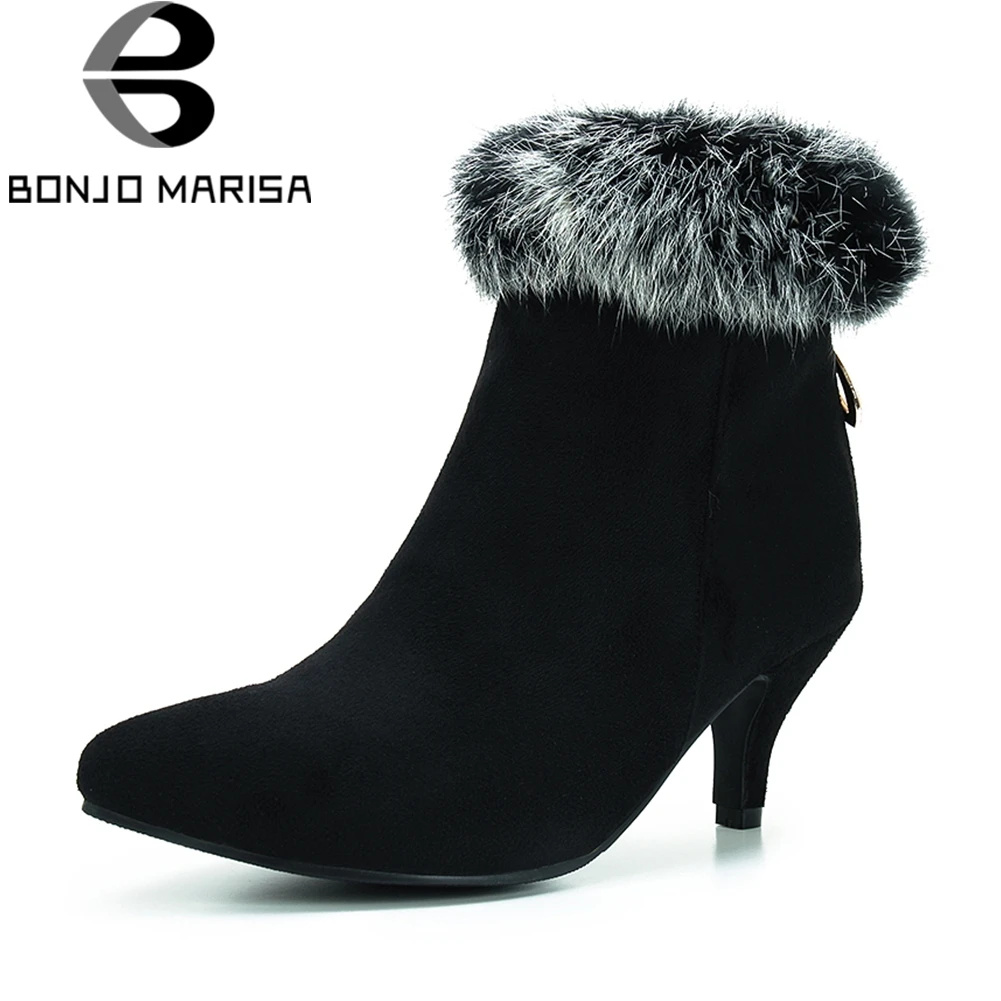 

BONJOMARISA 2020 Spring Plus Size 33-48 Black Fur Booties Women Pointed Toe Mature Boots Ladies Flock High Heels Shoes Woman
