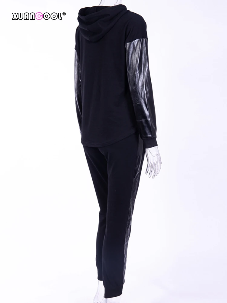 XUANCOOL костюм набор женский Трикотажный Хлопковый спортивный костюм с длинным рукавом на молнии искусственная кожа Сращивание толстовки длинные штаны комплект из двух предметов