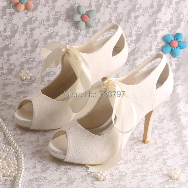 Wedopus Custom Handmade High Heeled Wedding Ivory Lace Shoes Bridal Open Toe