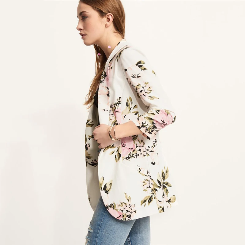 Women Flower Printed Long Sleeve Blazer Coat Casual Style Slim Fashion White Office Ladies Clothes Autumn Female Blazer L097