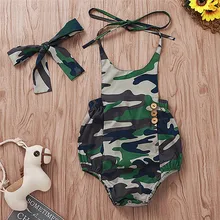 夏の女の赤ちゃん迷彩 sleevesless 背中のボディスとヘアバンドベビーロンパースジッパー barboteuse b b 4JJ(China)
