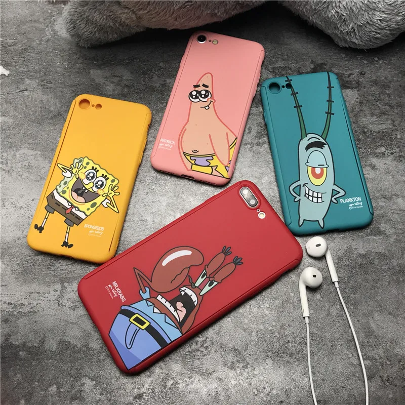 360 Degree Full Body Protective Phone Case For iPhone 7 8 6 6s Plus back cover SpongeBob Patrick Star Phone case capa fundas