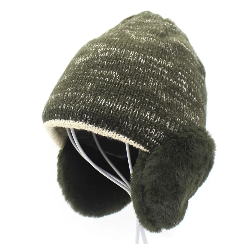 Новая Шерстяная кепка с кроличьими волосами, вязанная с ушками, зимняя шапка шапки для мужчин и женщин - Цвет: Зеленый