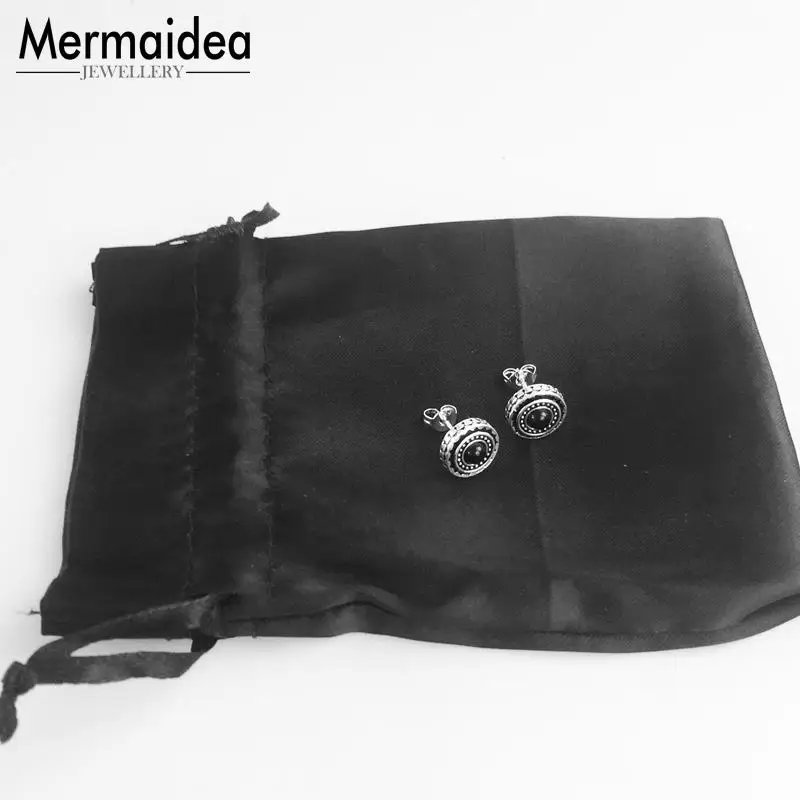 Черный круглый пуссет-солнце серьги камень модные ювелирные изделия 925 серебряный модный подарок для женщин мужчин любовник