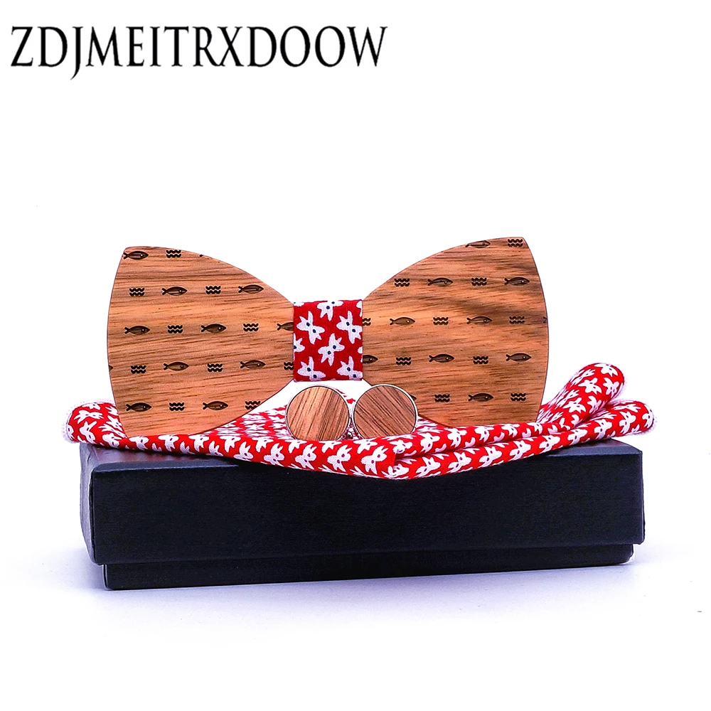 

Men's Wood Fish Bowtie Cufflinks Set Brand Business Wooden Bow Tie Neckties Cuff Links for Wedding Groom Red Bow tie