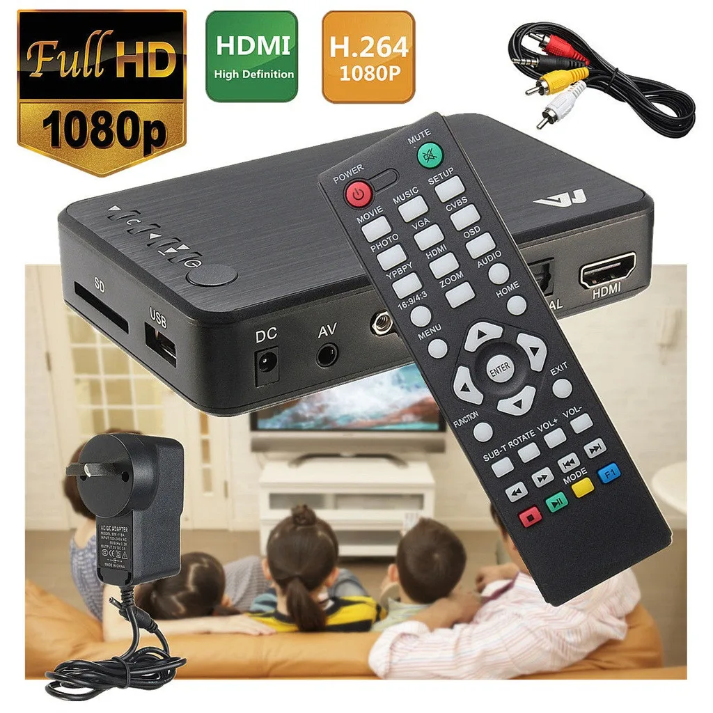 Мини Full 1080P HD мультимедийный плеер tv BOX 3 выхода HDMI/VGA/AV USB и SD карта HDD плеер медиаплеер центр+ пульт дистанционного управления