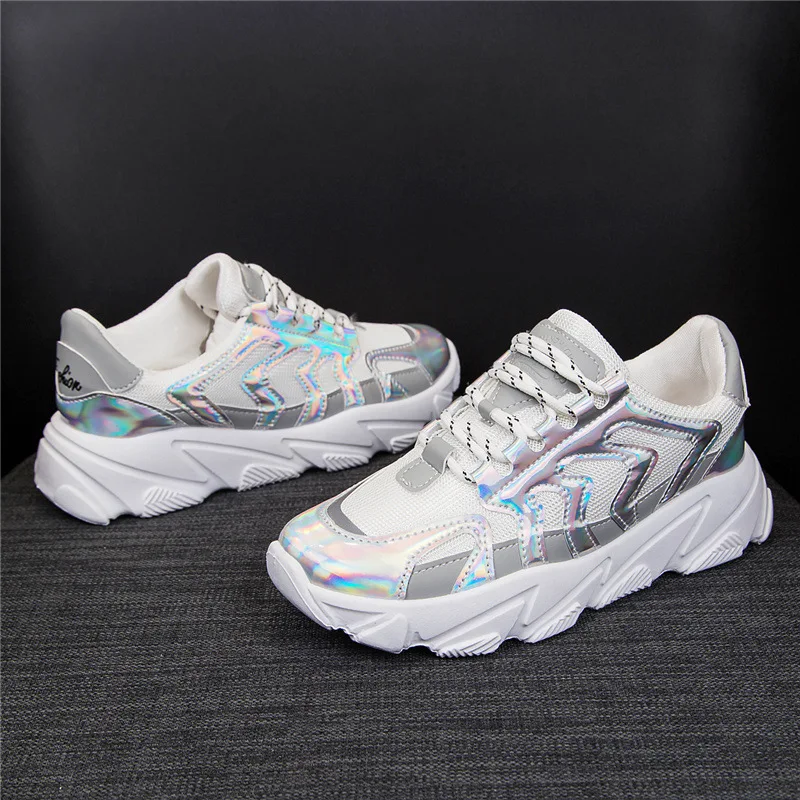 

FEERIJT 2019 Spring New PU Leather Women's Platform Chunky Sneakers Fashion Women Flat Thick Sole Shoes Woman Dad Footwear