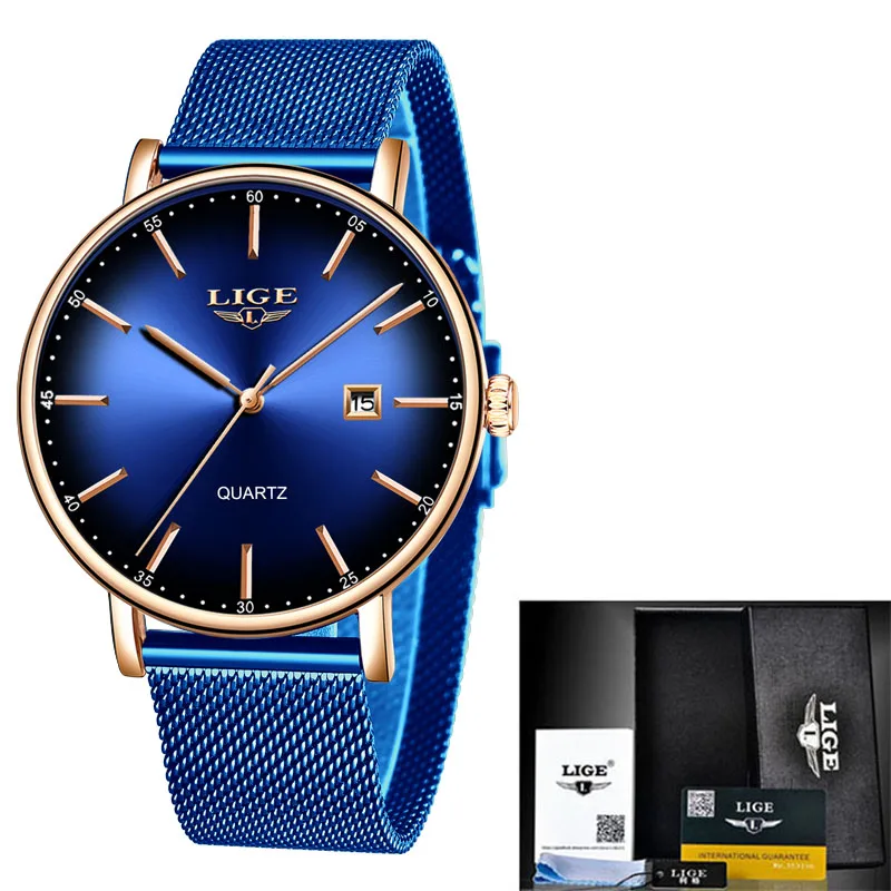 Reloj Mujer LIGE, новые женские часы, Лидирующий бренд, роскошные женские ультратонкие часы с сетчатым ремешком, водонепроницаемые кварцевые часы из нержавеющей стали - Цвет: Rose gold all blue