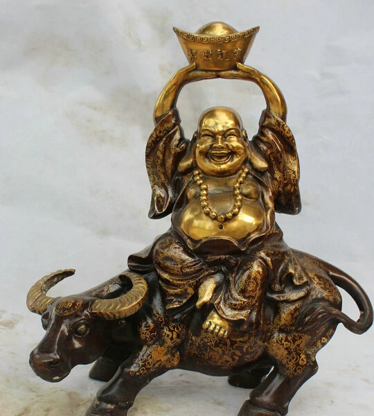 

Free Shipping JP S62 15" Chinese Bronze Gild Wealth Seat Bull Oxen Happy Laugh Maitreya Buddha Statue