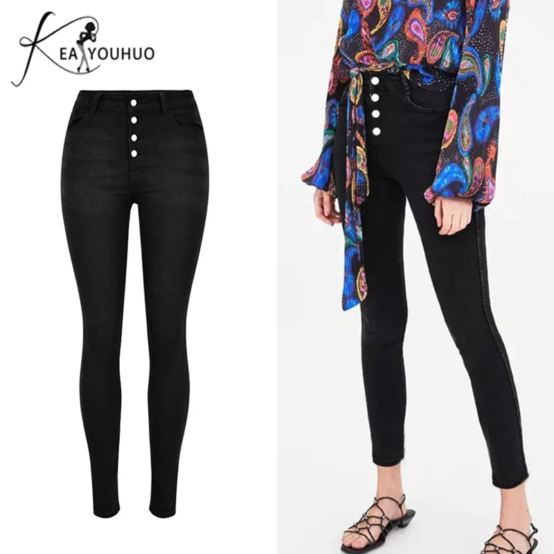 

2018 Summer Pants Trousers Ladies Gray Ripped High Waist Skinny Jeans Woman Denim Pencil Full Length Pink Black Jeans For Women