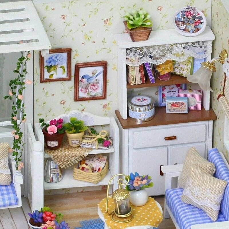 حار بيع دمية منزل الأثاث DIY مصغرة غطاء غبار مع مصباح ليد 3D خشبية مصغرة دمية اللعب هدية للأطفال