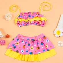 Милый детский летний купальный костюм с цветочным принтом для девочек, стиль бикини с оборками для девочек, купальный костюм, купальник для праздника