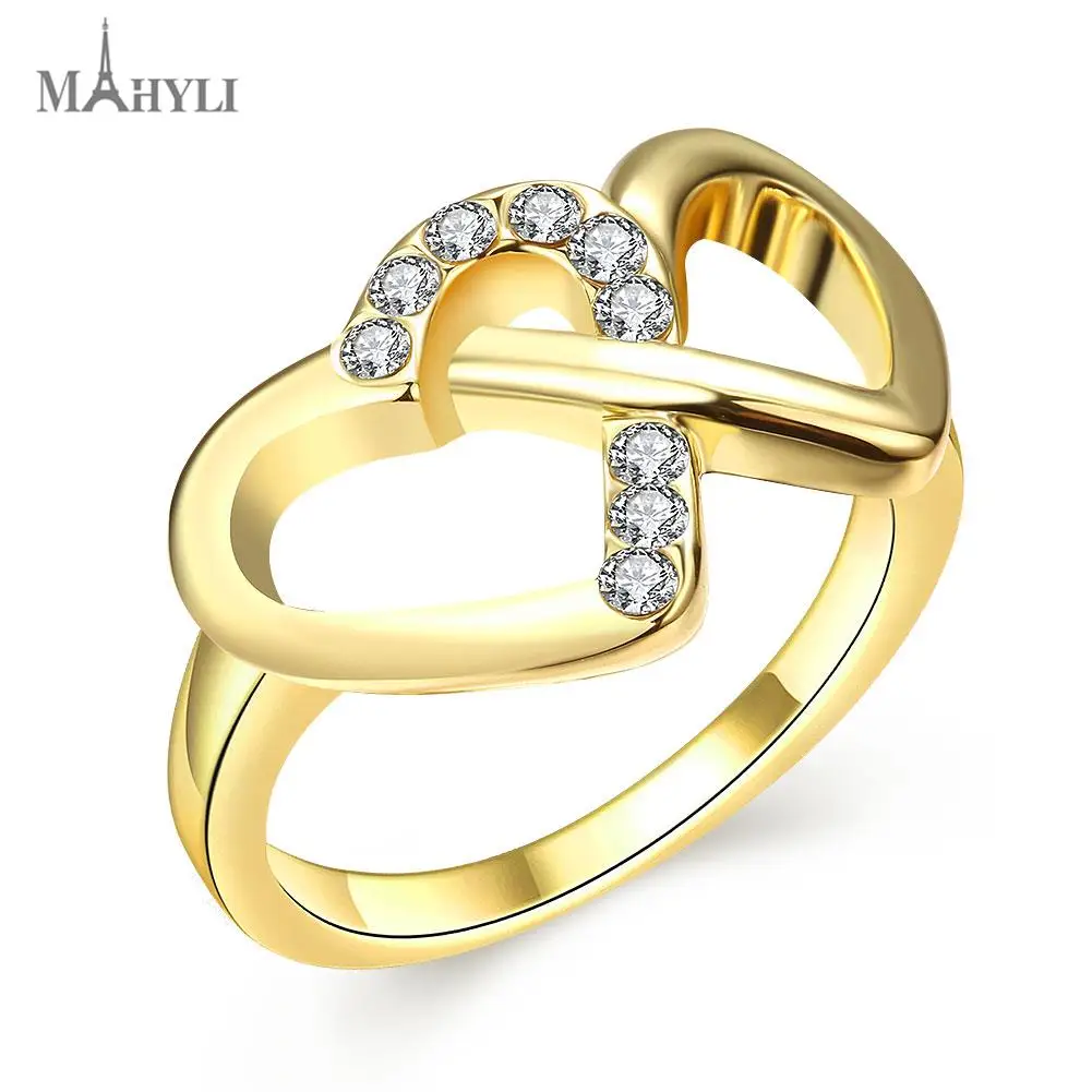 MAHYLI Promotion 18K gold plated ring double heart wedding rings for