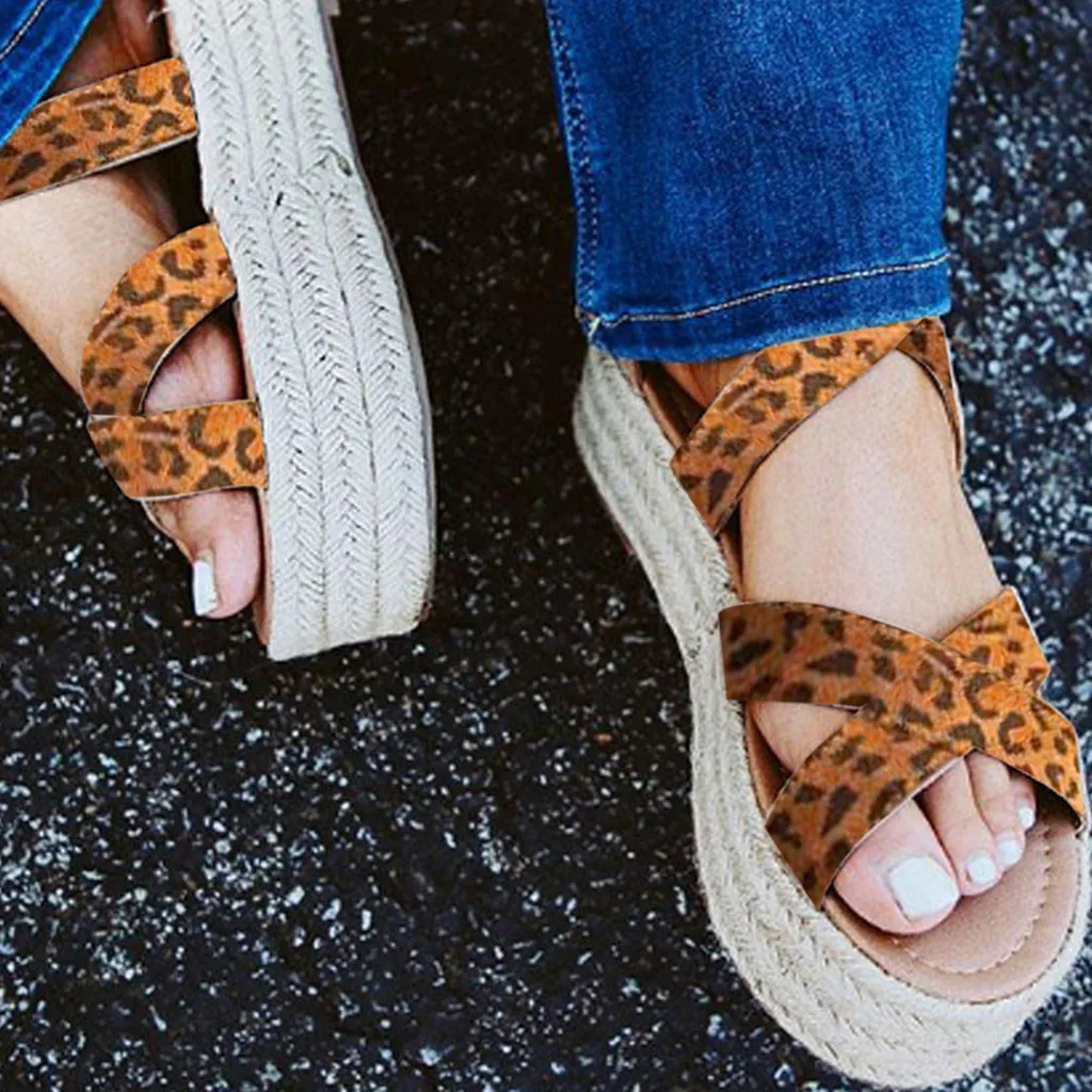 

Ladies Sandals Muffin Bottom Sexy Leopard Cross Band Sandals Wedge Pumps Straw Thick Bottom Ladies Roman Sandals
