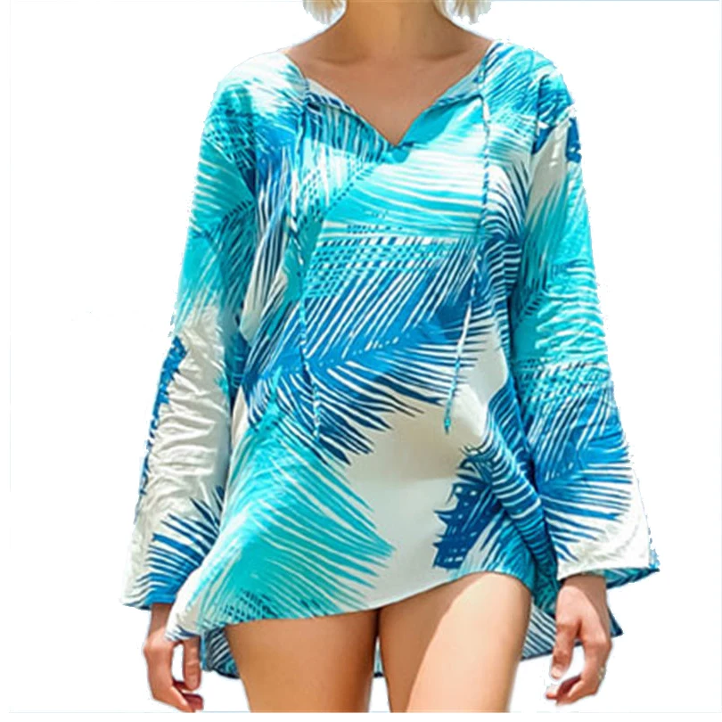 Beach Cover up 2017 Rayon Printed Swimwear Tunics For Beach Dress
