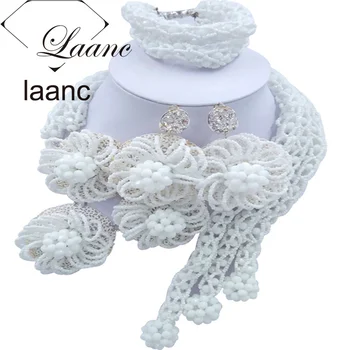 

Laanc Fashion White Jewelry Sets for Wedding African Beads Flower Nigerian Necklace and Earrings FBFE016
