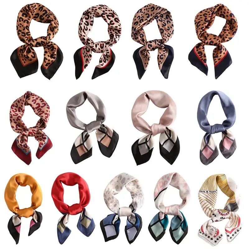 

70x70CM Vintage Imitation Silk Women Square Neck Scarf Contrast Colored Plaid Leopard Print Bandana Office Handkerchief Headwrap
