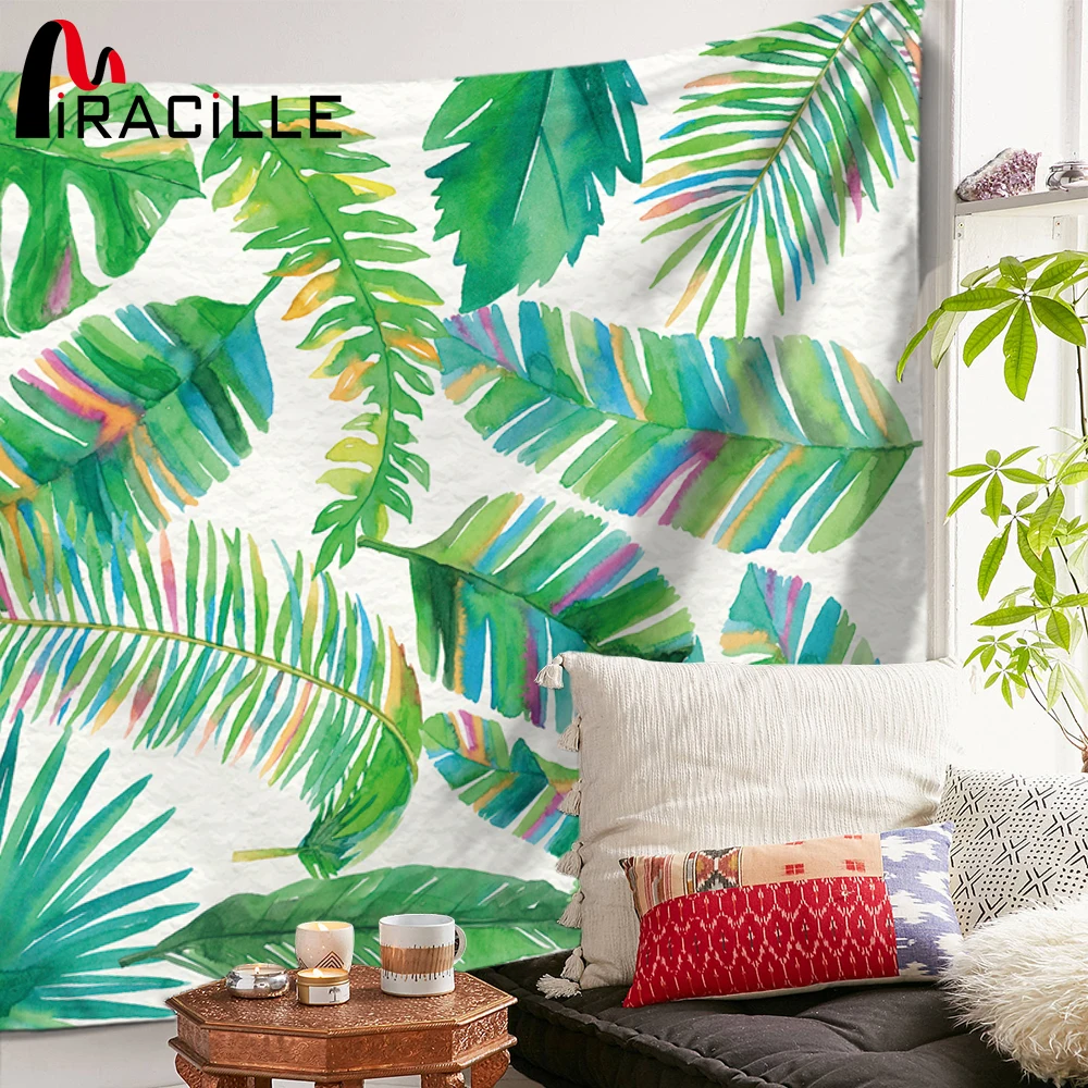 Miracille Natural Green Leaves Printed Hippie Tapestry Bedroom Wall