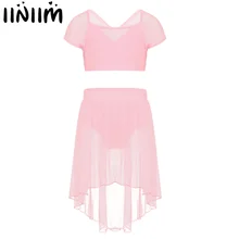Iiniim/Детская танцевальная одежда для балета и балета для девочек, с бантом, гимнастическое трико, костюмы балерины, укороченный топ с юбкой