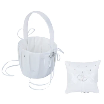 

Elegant Wedding Flower Girl Basket Pocket Ring Pillow Cushion White Double Heart for Wedding Party