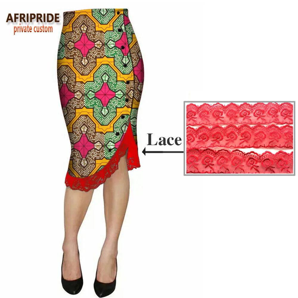 

2018 african print casual skirt for women AFRIPRIDE customized knee-length bud skirt with lace on bottom 100% cotton A1827001