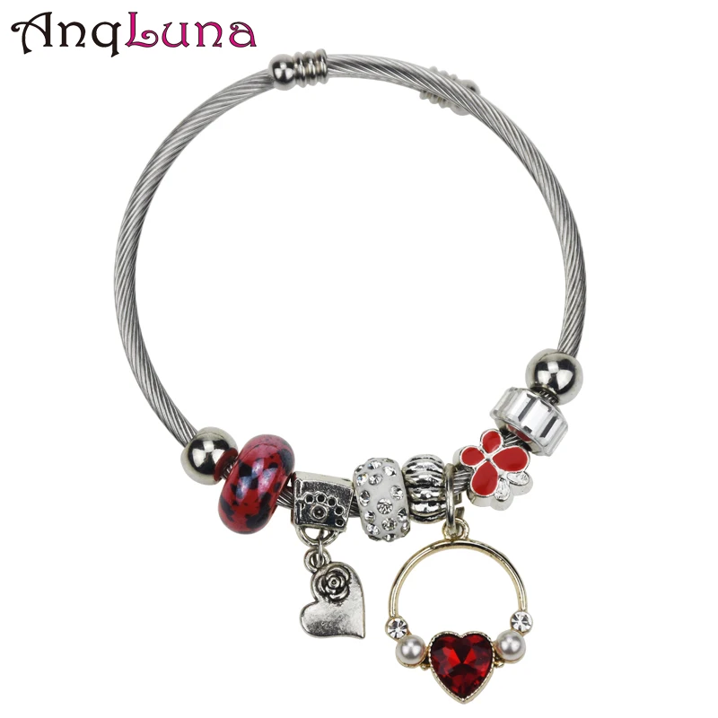 

Trendy Circle Love Heart Stainless Steel Bangles For Women Round Glass Metal Butterfly Lock Freely Resizing Korea style Jewelry